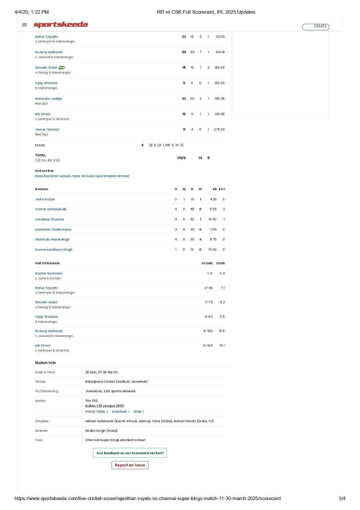 CSK vs RR IPL 2025 scorecard.